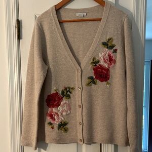 Garnet Hill Beige Cardigan with Floral Embroidery